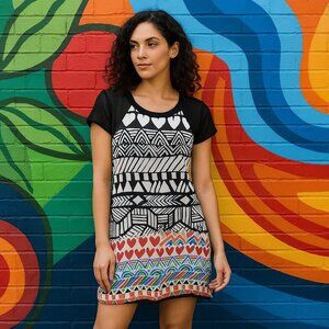 Desigual Risueno Multicolor Shift Dress Size 38 Boho Artsy Festival Y2K Indie